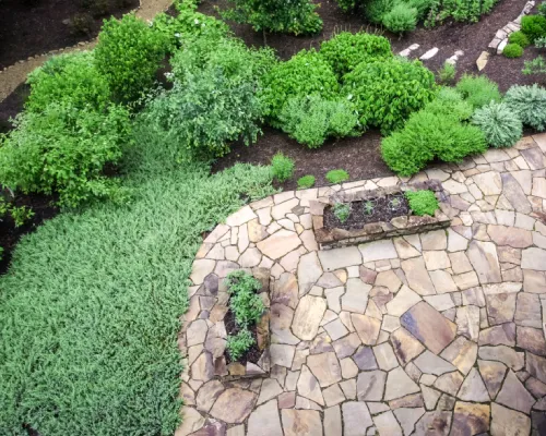 Bird's eye view of garden and patio